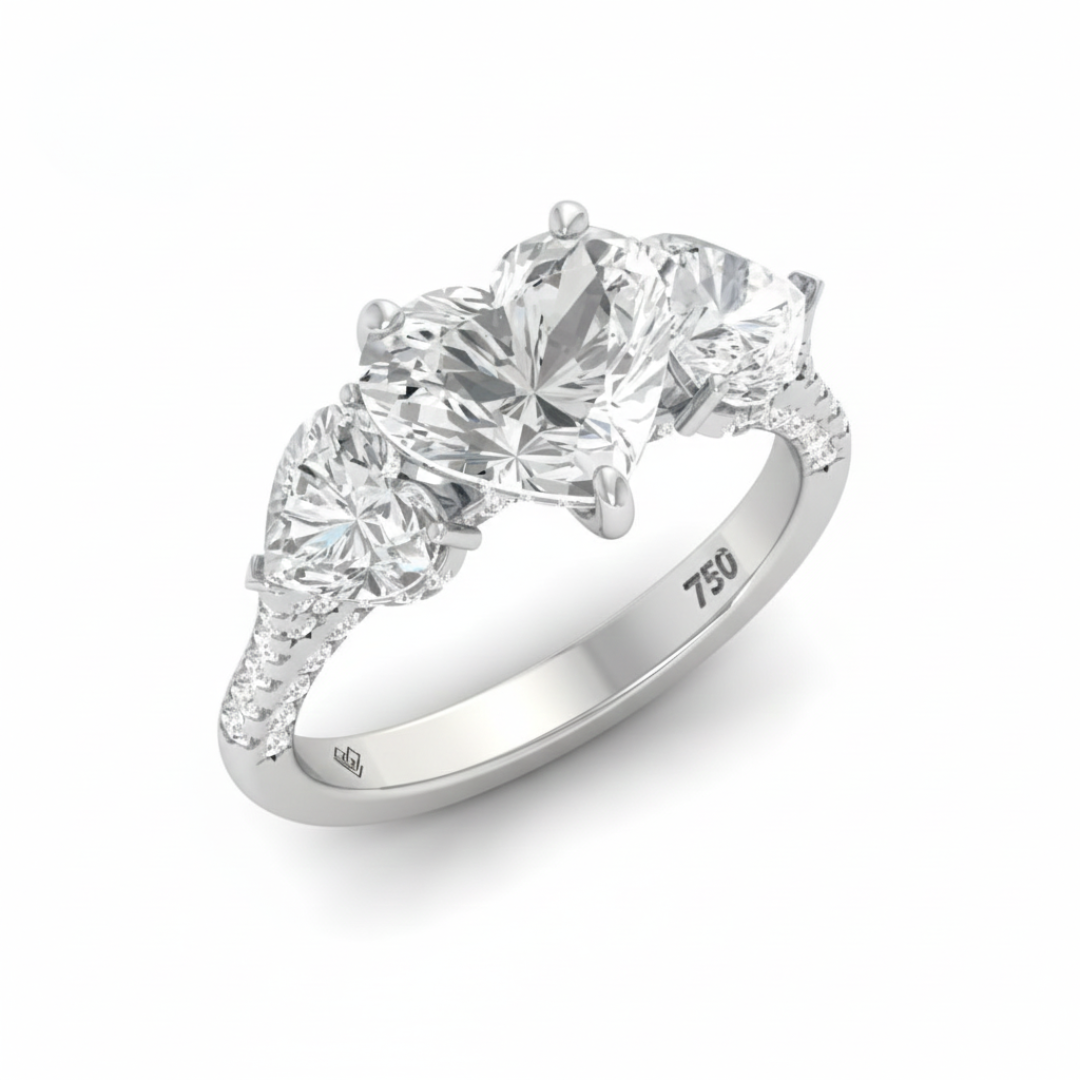 維多利亞心形切割鑽石訂婚戒指，搭配心形切割側鑽和3D鑽石戒圈