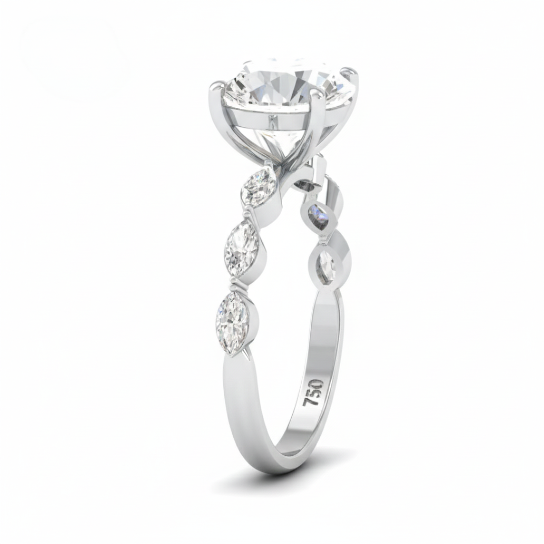Kasandra Round Brilliant Cut Diamond Engagement Ring With A Marquise Cut Diamond Band