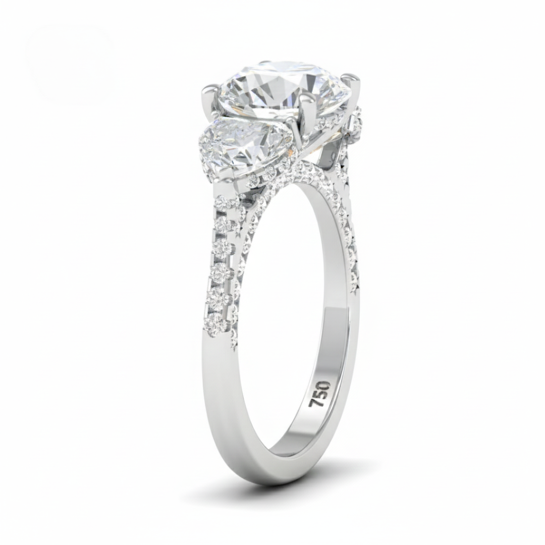 Victoria Round Brilliant Cut Diamond Engagement Ring with Heart Cut Side Diamonds and 3D Diamond Band