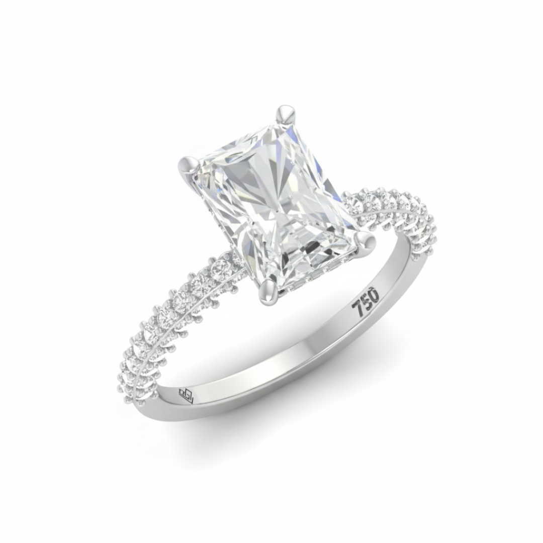 Bague de fiançailles Mia en diamant taille radiant avec halo de diamants cachés et anneau en diamant 3D