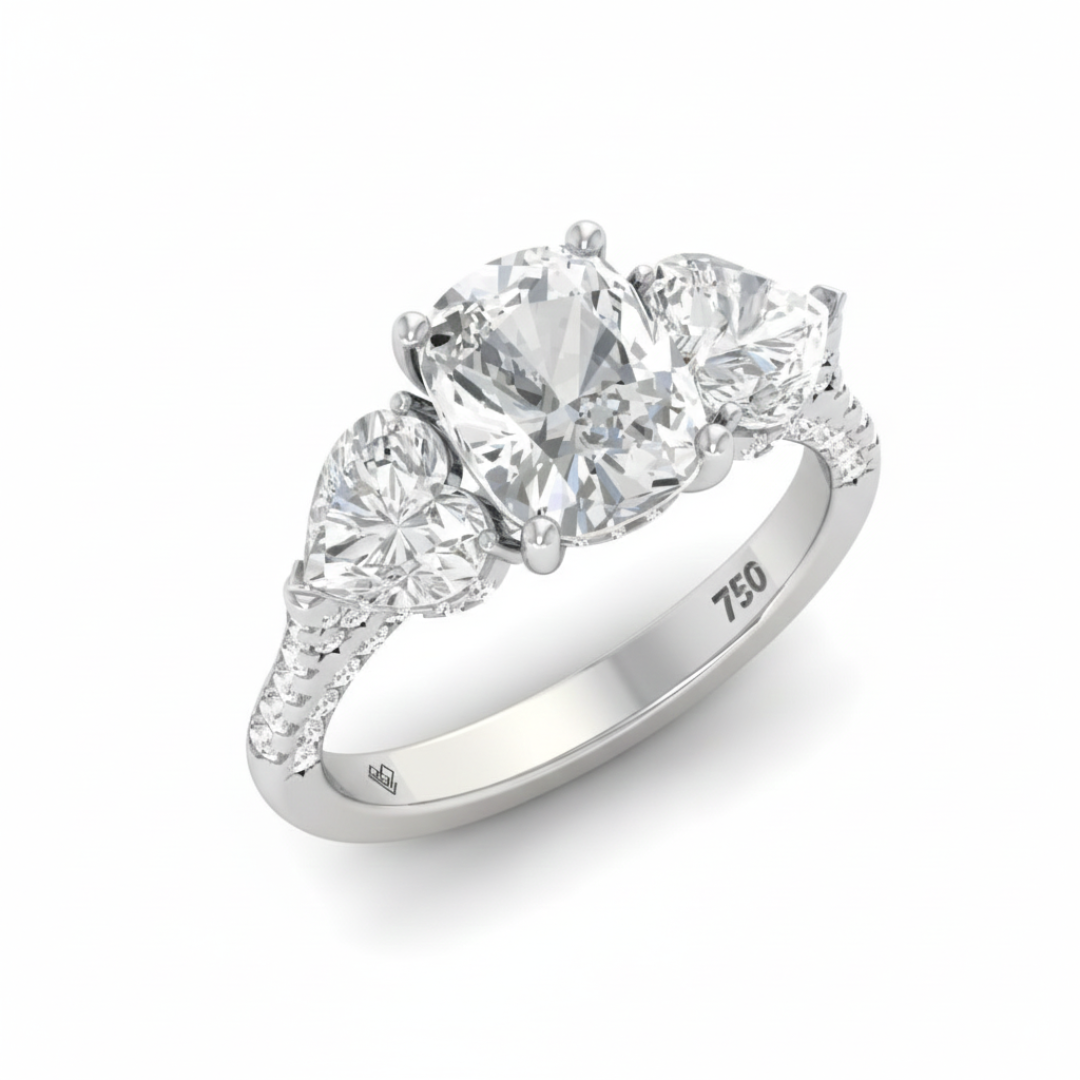 Victoria Cushion Cut Diamond Engagement Ring with Heart Cut Side Diamonds and 3D Diamond Band