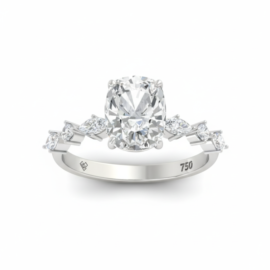 Elizabeth Cushion Diamond Engagement Ring With A Marquise and Round Cut Diamond Band