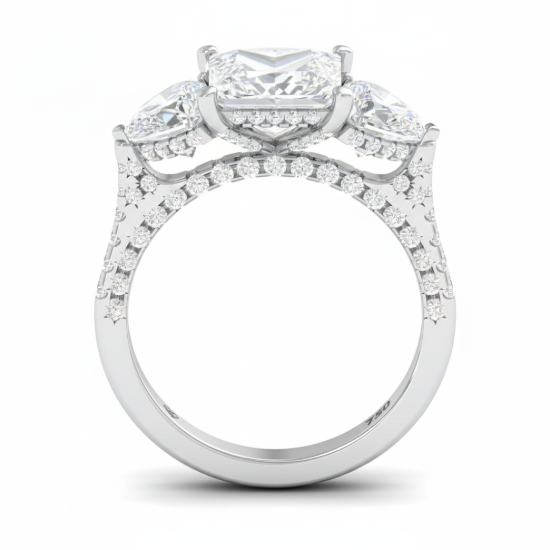 Victoria Princess Cut Diamond Engagement Ring with Heart Cut Side Diamonds and 3D Diamond Band