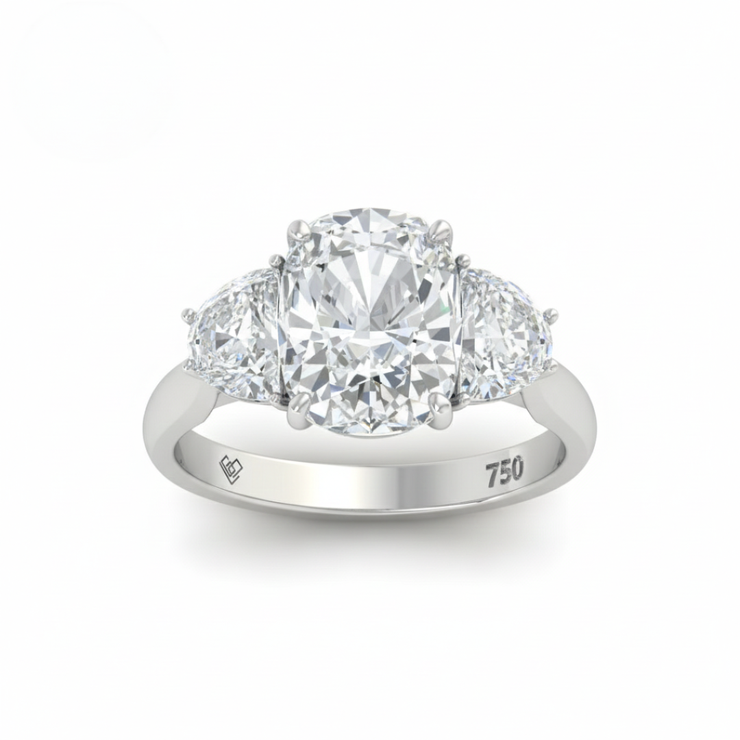 Kamala Cushion Cut Diamond Engagement Ring with Half Moon Cut Side Diamonds