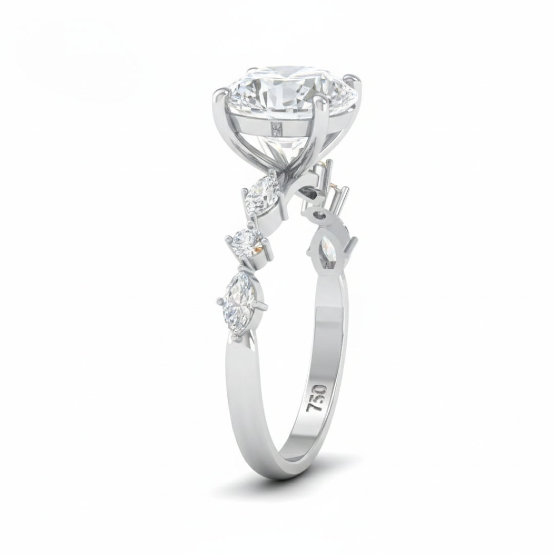 Elizabeth Round Brilliant Cut Diamond Engagement Ring With A Marquise And Round Cut Diamond Band