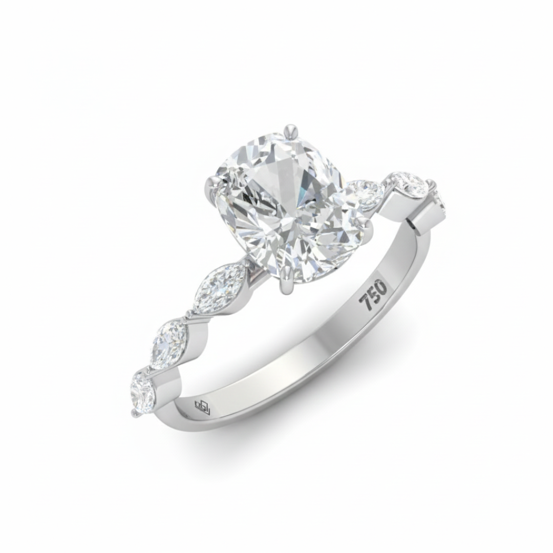 Kasandra Cushion Cut Diamond Engagement Ring With A Marquise Cut Diamond Band