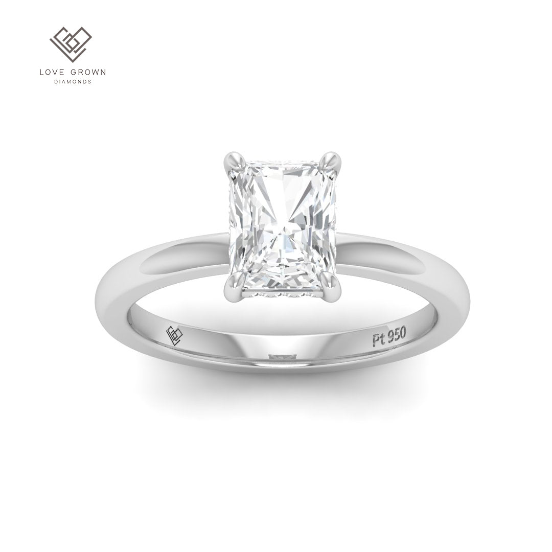 Léa Radiant Cut Diamond engagement ring with hidden halo in platinum setting.