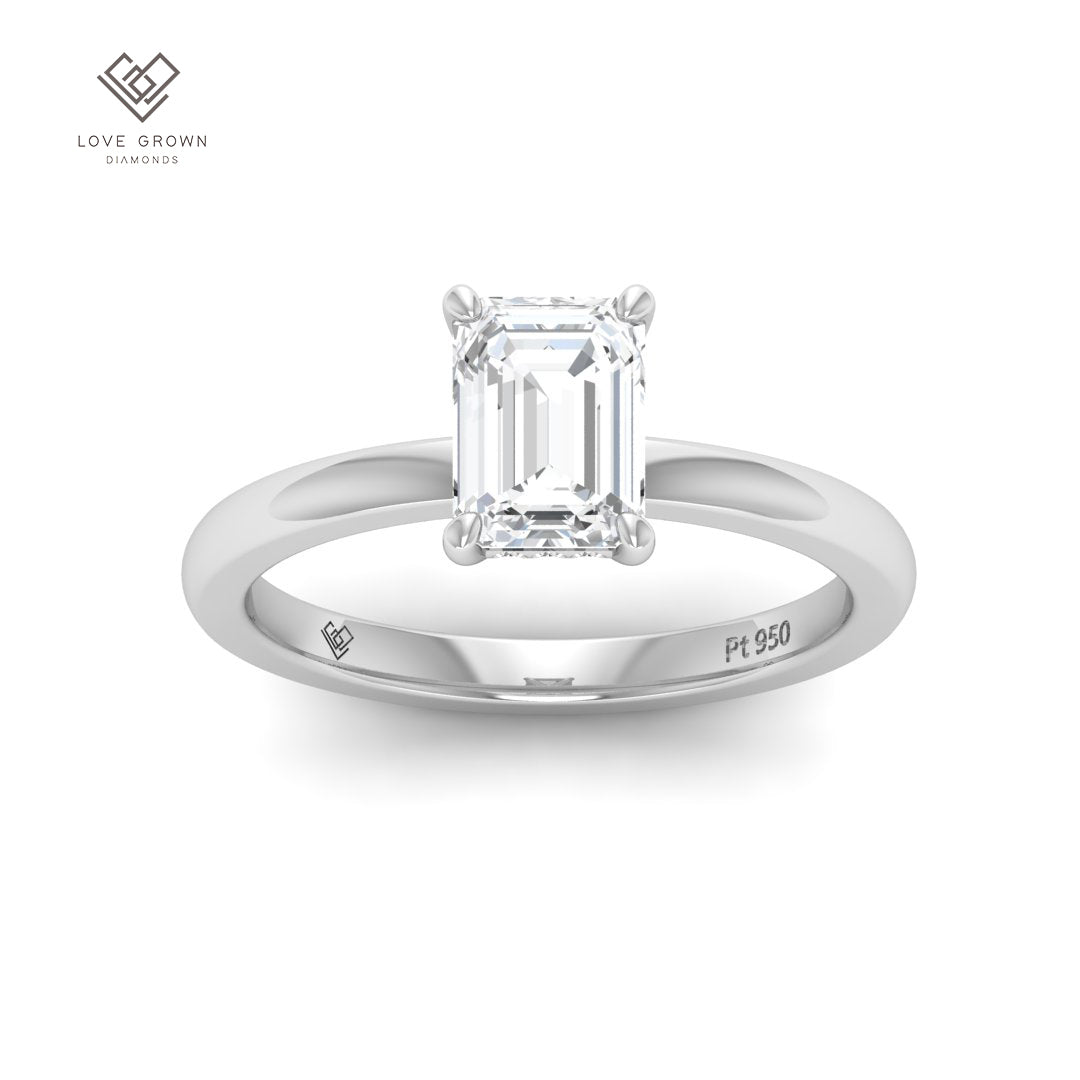 Léa emerald cut diamond engagement ring with hidden halo, platinum or 18k gold setting.