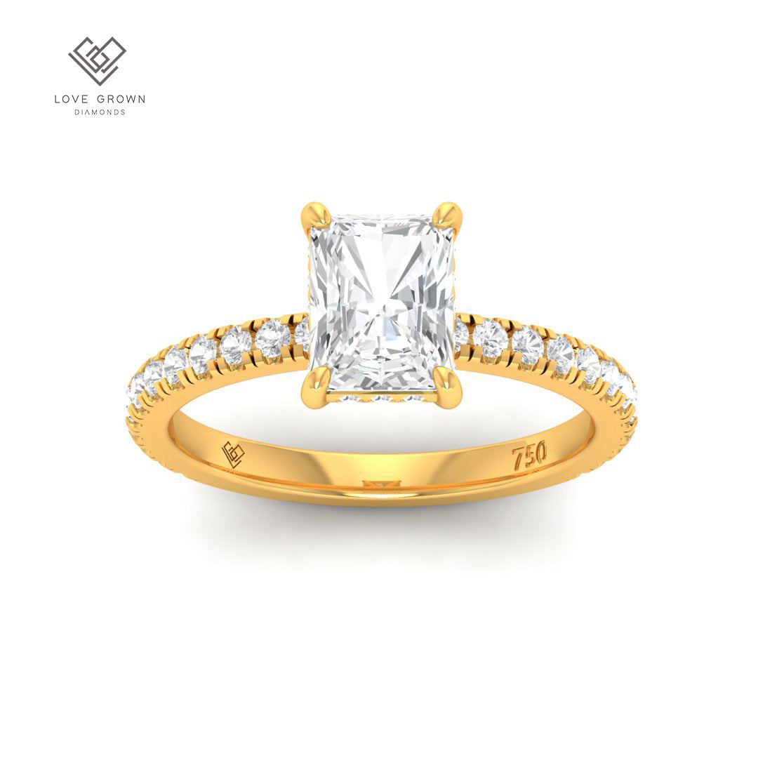 Chloé Radiant Cut Diamond Engagement Ring with Hidden Halo and Diamond Band in Gold.