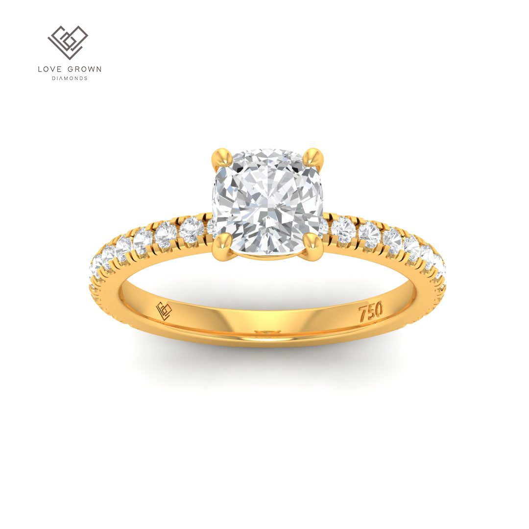 Abigail Cushion diamond engagement ring with diamond band in gold.
