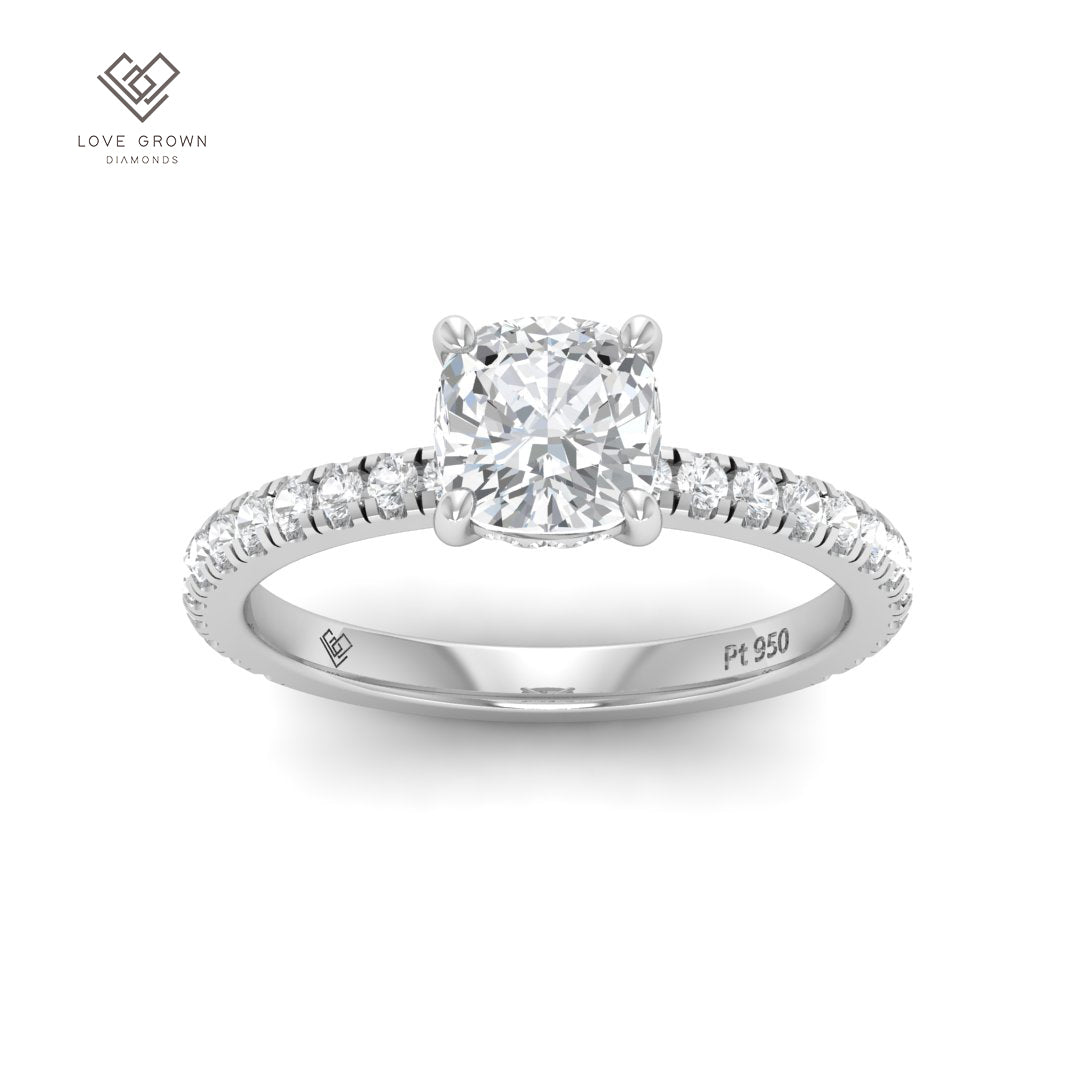 Chloé Cushion Cut Diamond Engagement Ring with Hidden Halo and Diamond Band.