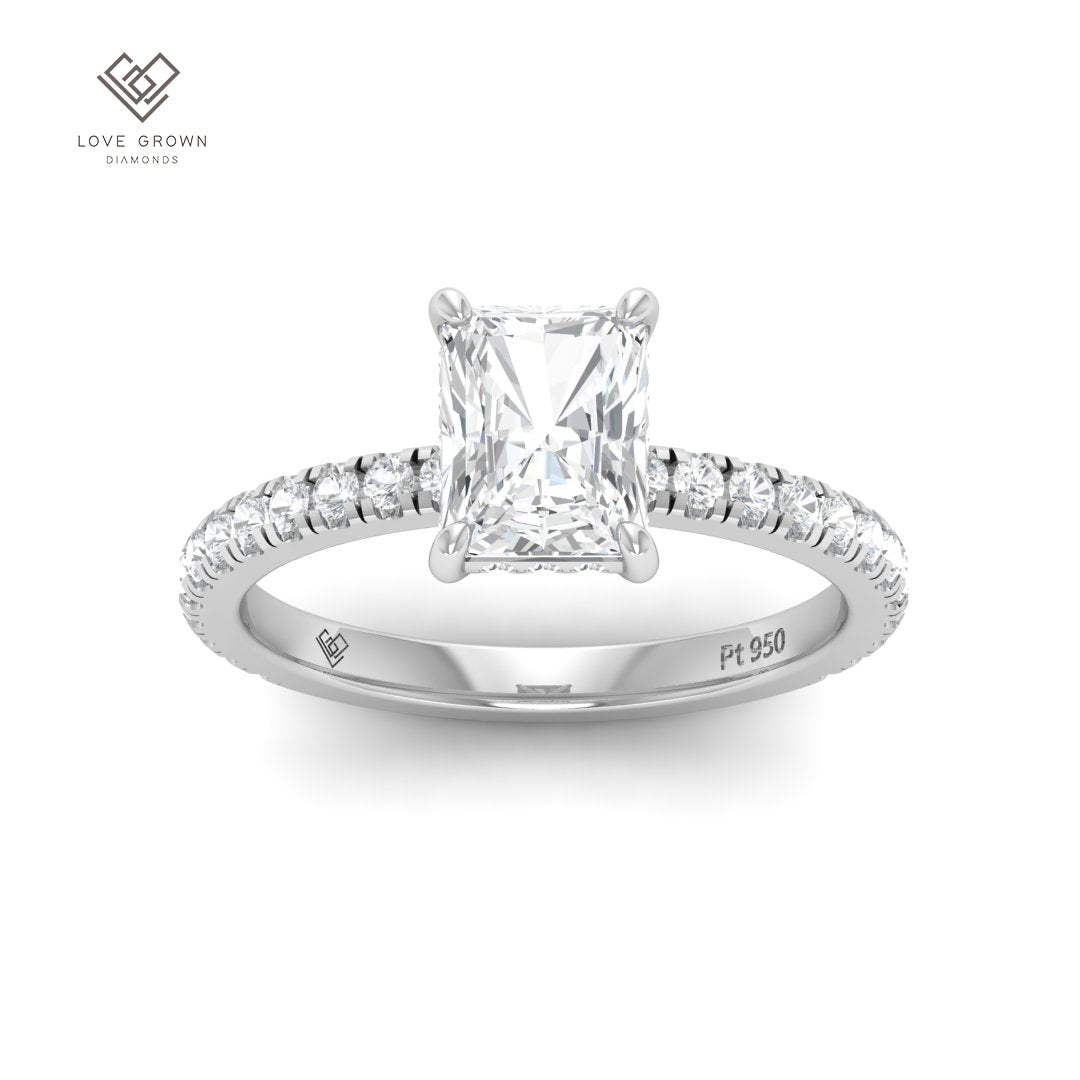 Chloé Radiant Cut Diamond engagement ring with hidden halo and diamond band.