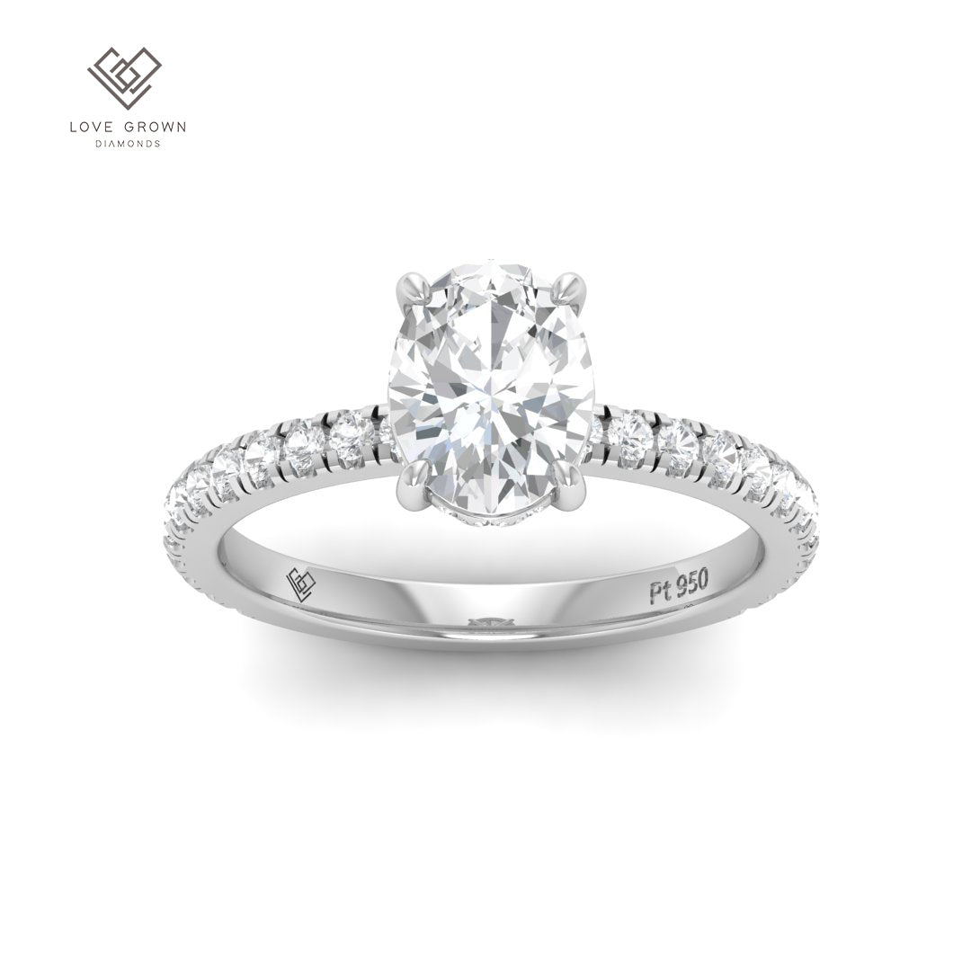 Chloé Oval Cut Diamond Engagement Ring with Hidden Halo and Diamond Band.