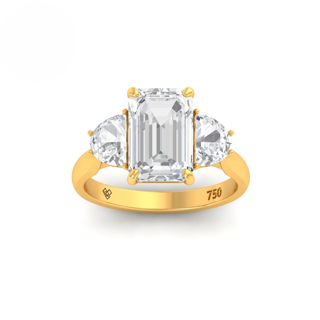 Kamala Emerald Cut Diamond Engagement Ring with Half Moon Cut Sides Diamonds