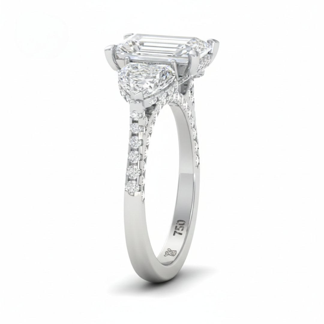 Victoria Radiant Cut Diamond Engagement Ring with Heart Cut Side Diamonds and 3D Diamond Band