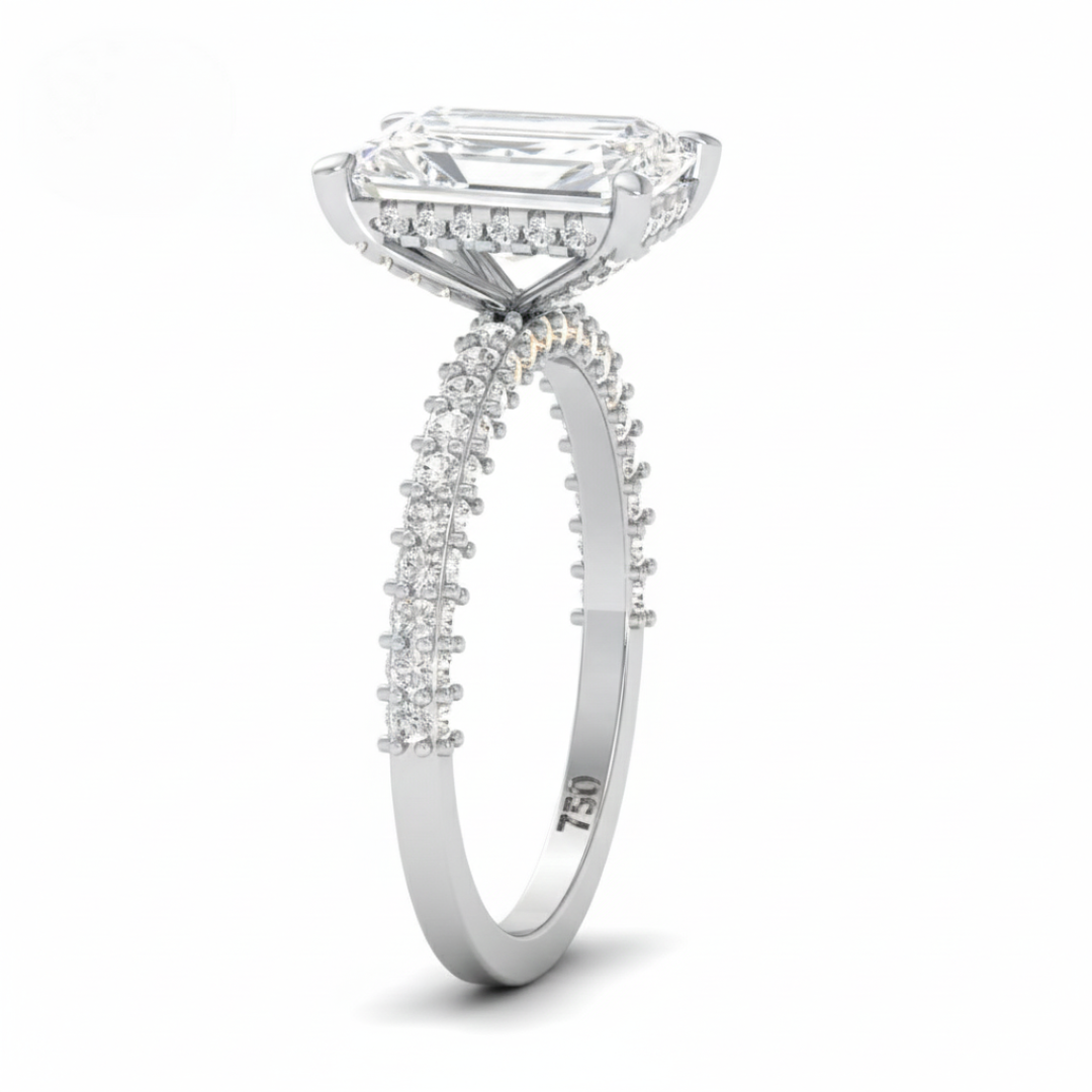 Bague de fiançailles Mia en diamant taille radiant avec halo de diamants cachés et anneau en diamant 3D