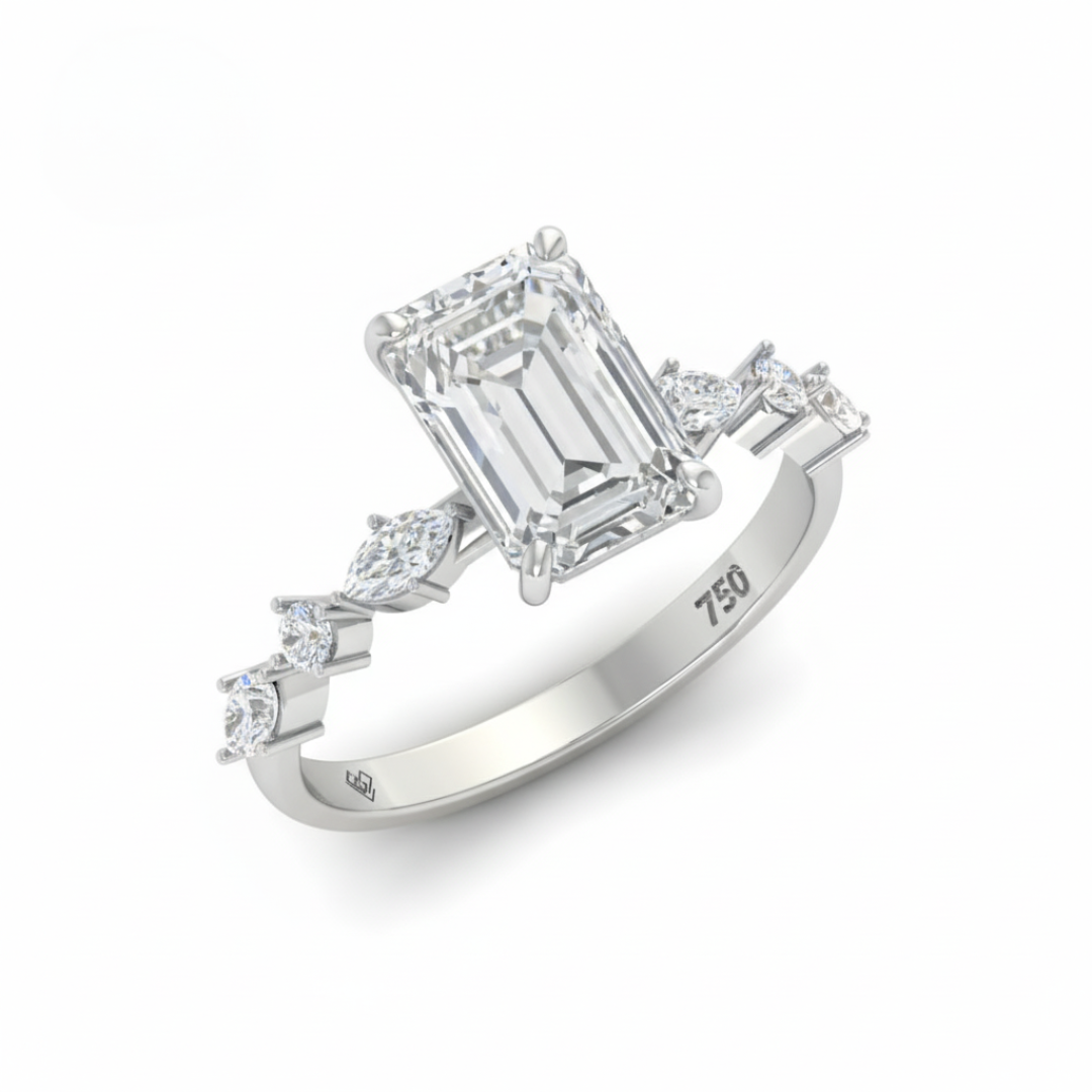 Elizabeth Emerald Cut Diamond Engagement Ring With A Marquise and Round Cut Diamond Band