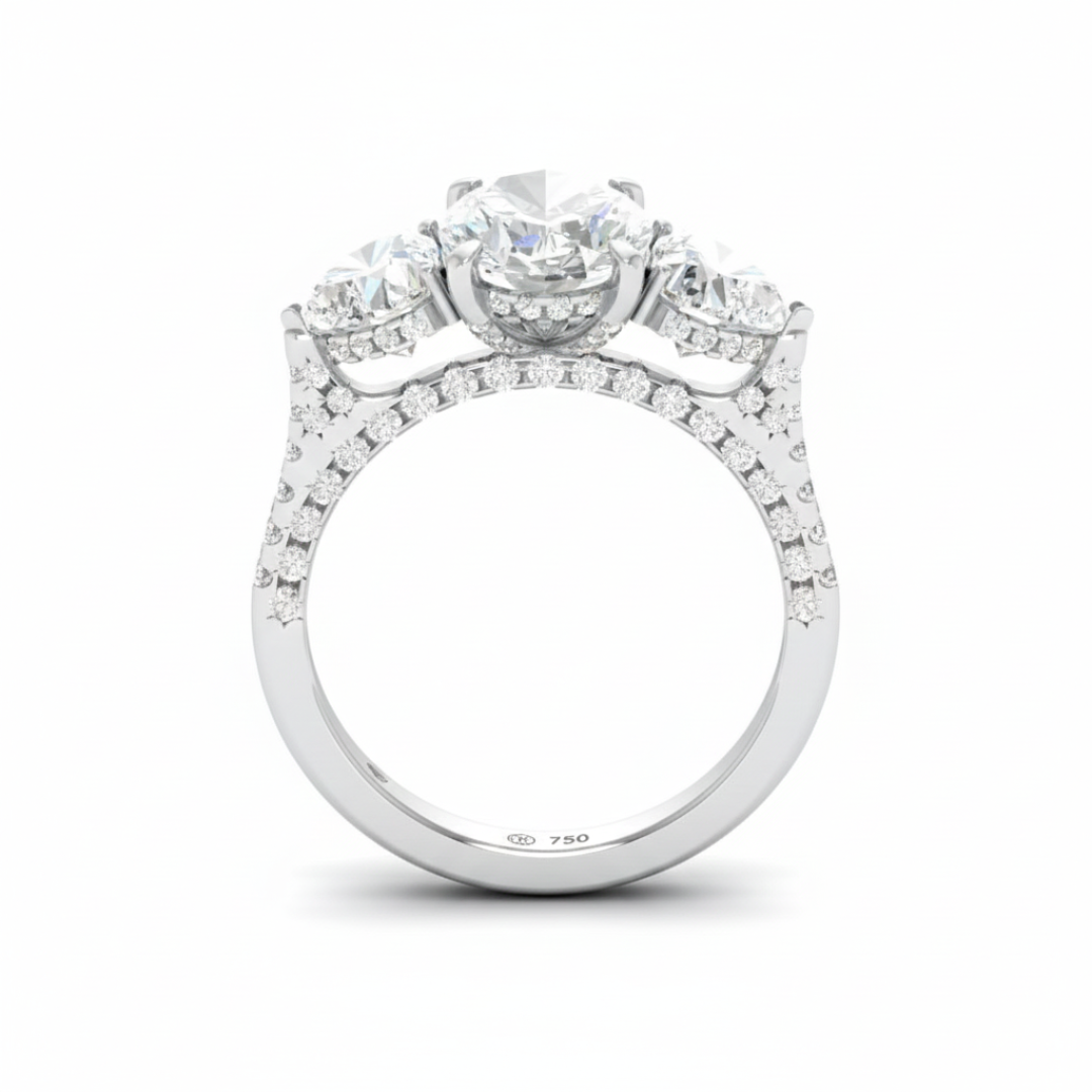 Victoria Oval Cut Diamond Engagement Ring with Heart Cut Side Diamonds and 3D Diamond Band