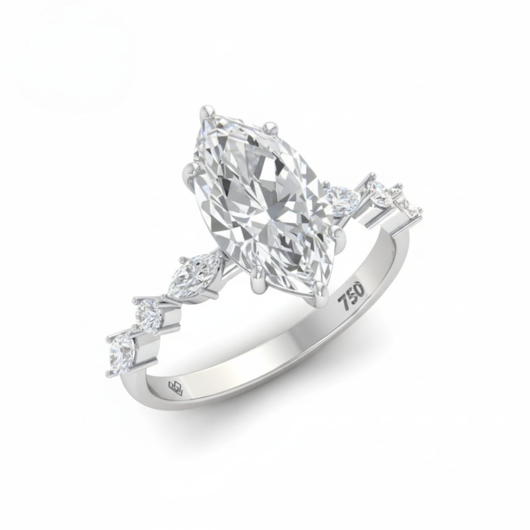 Elizabeth Marquise Cut Diamond Engagement Ring With A Marquise and Round Cut Diamond Band