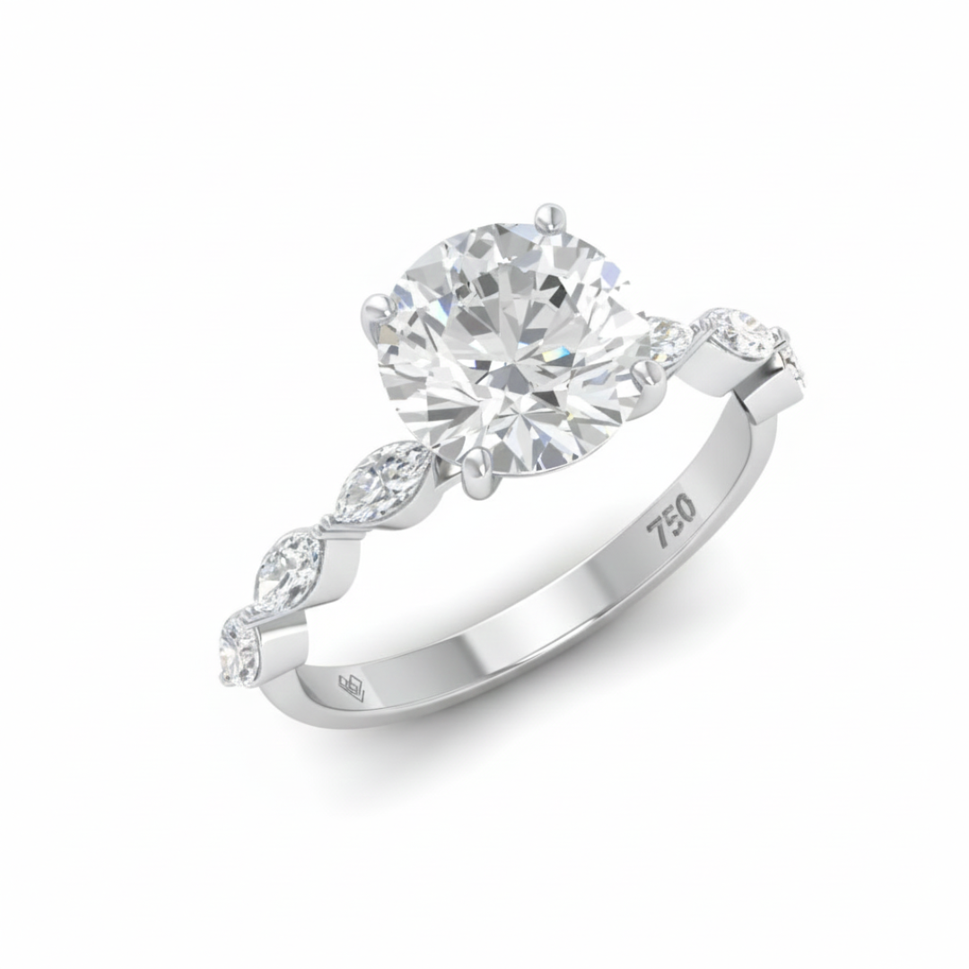 Kasandra Round Brilliant Cut Diamond Engagement Ring With A Marquise Cut Diamond Band