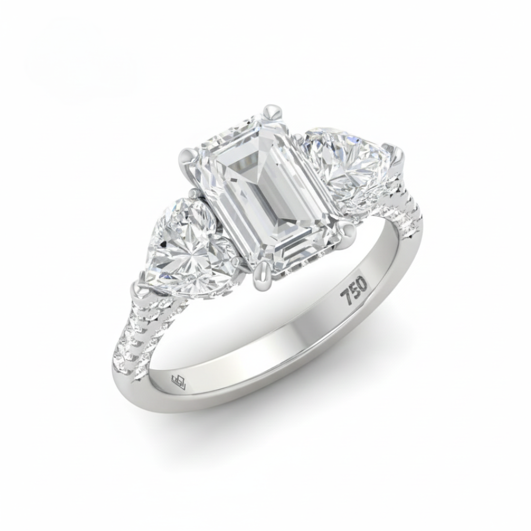 Victoria Emerald Cut Diamond Engagement Ring with Heart Cut Side Diamonds and 3D Diamond Band