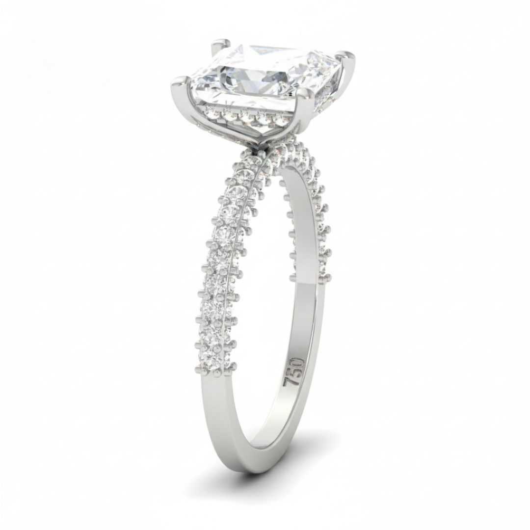 Bague de fiançailles Mia en diamant taille princesse avec halo de diamants cachés et anneau en diamant 3D
