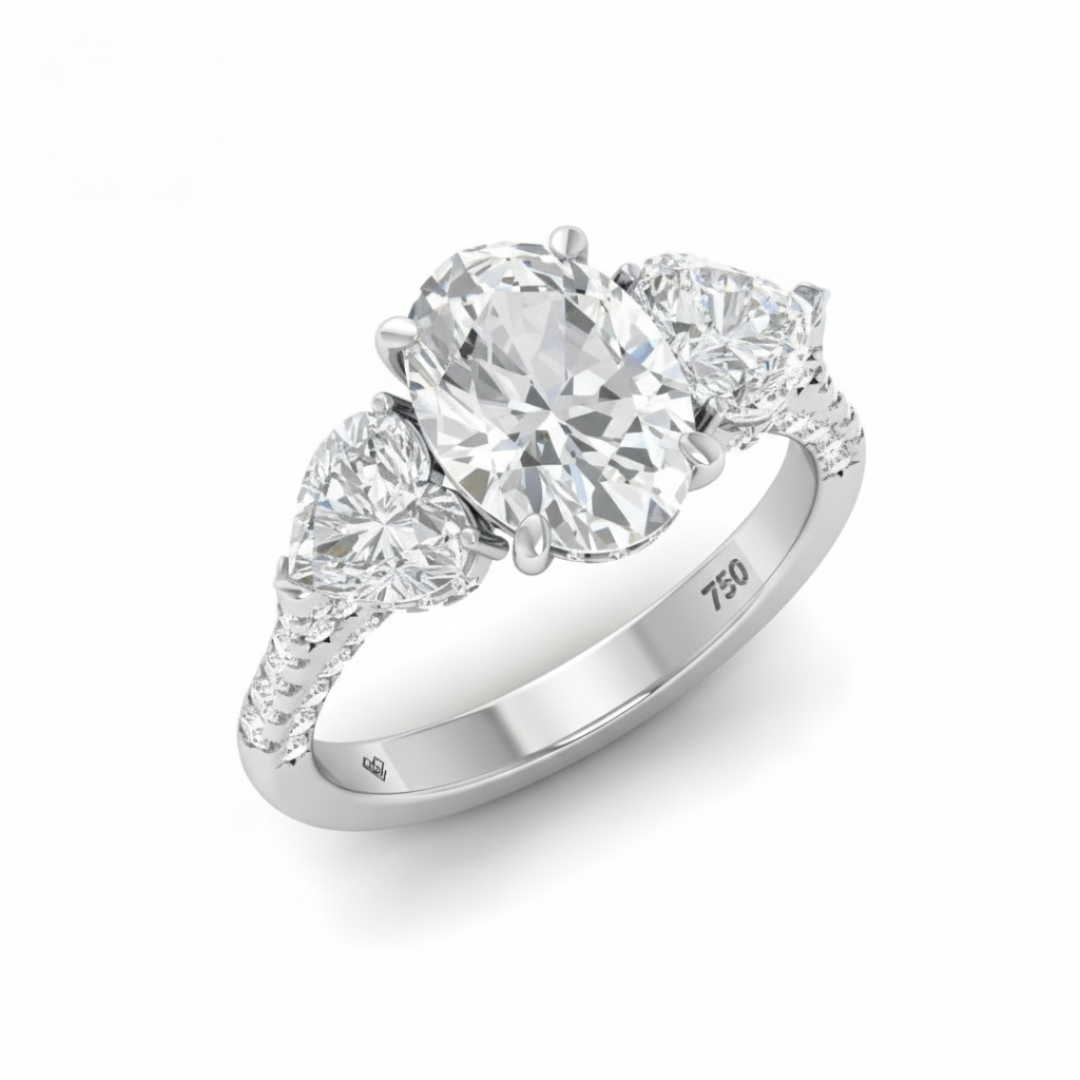 Victoria Oval Cut Diamond Engagement Ring with Heart Cut Side Diamonds and 3D Diamond Band