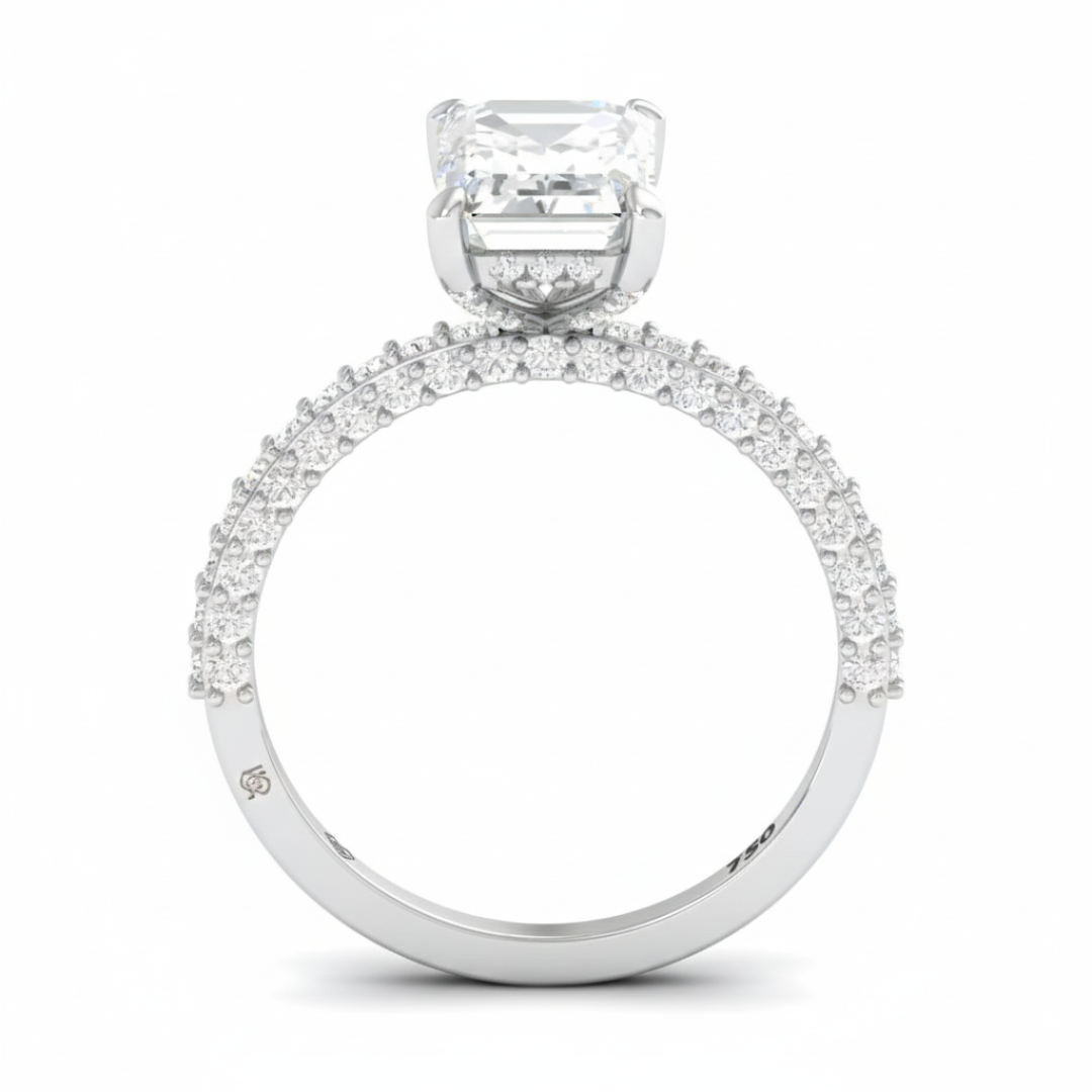 Mia Emerald Cut Diamond Engagement Ring with Diamond Hidden Halo and 3D Diamond Band