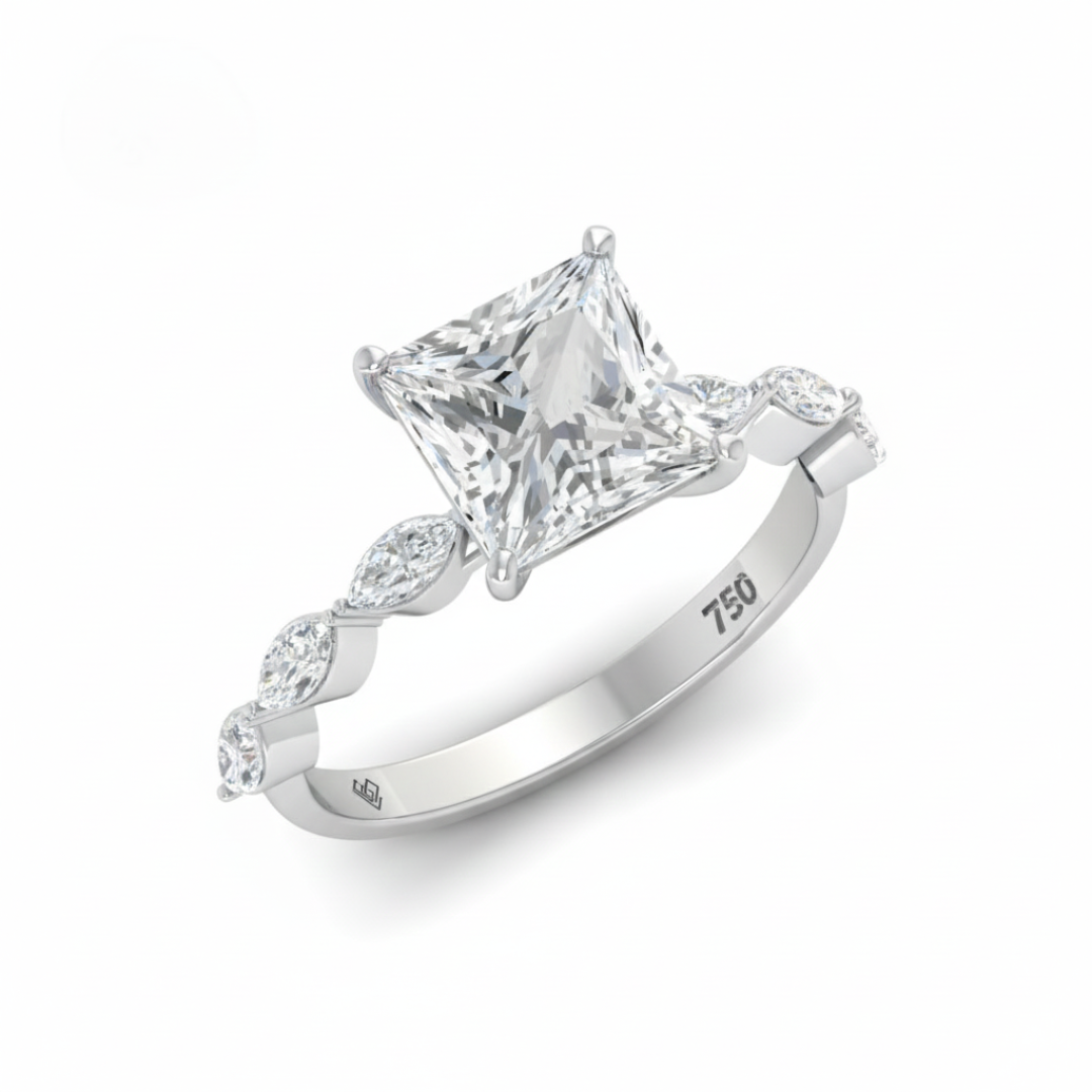 Kasandra Princess Cut Diamond Engagement Ring With A Marquise Cut and Diamond Band