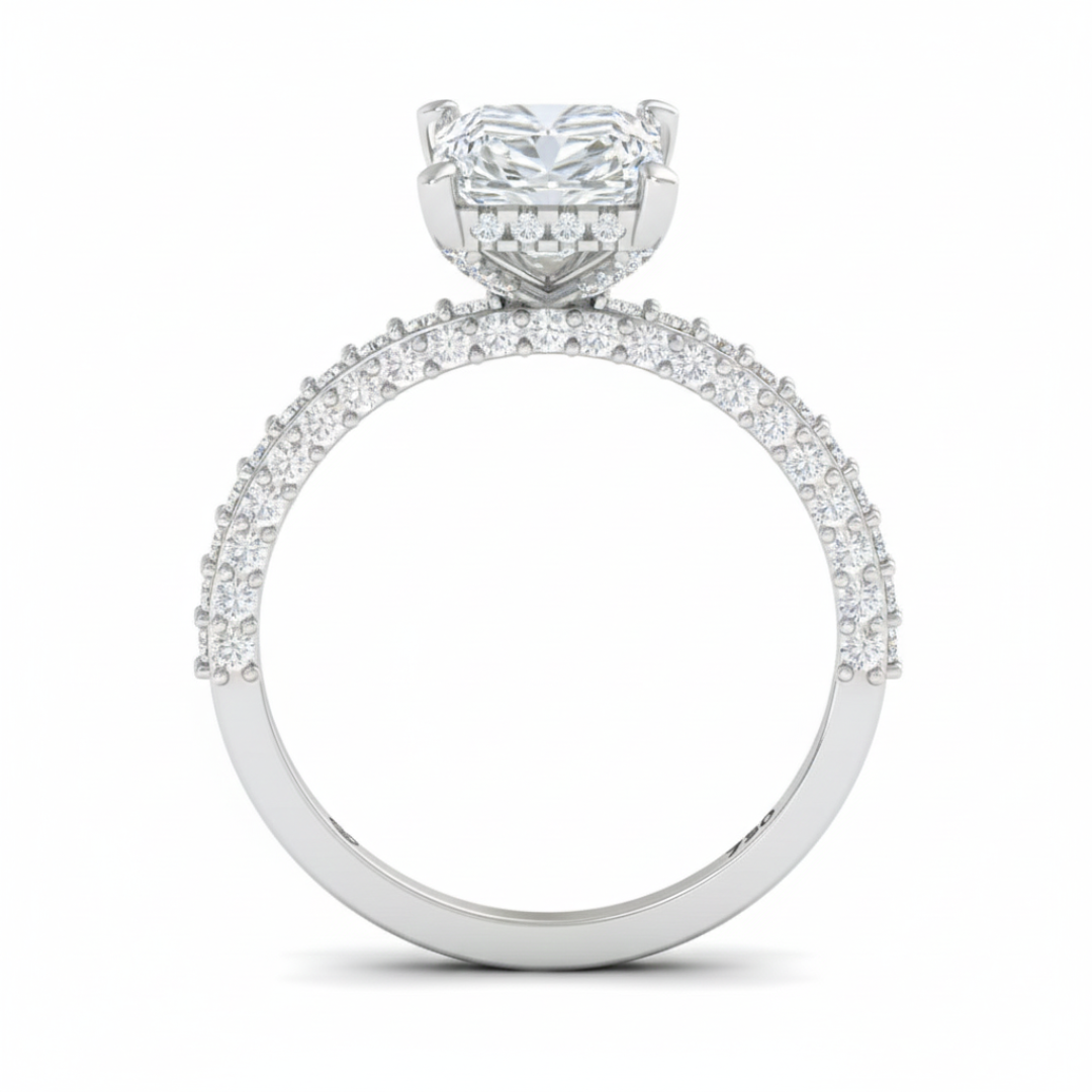 Bague de fiançailles Mia en diamant taille radiant avec halo de diamants cachés et anneau en diamant 3D