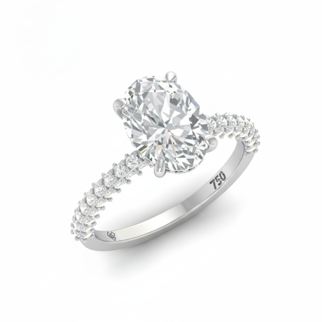 Mia Oval Cut Diamond Engagement Ring With Diamond Hidden Halo And 3D Diamond Band