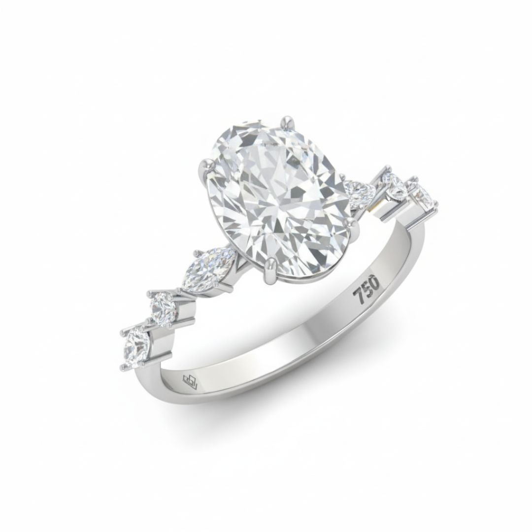 Elizabeth Oval Cut Diamond Engagement Ring With A Marquise And Round Cut Diamond Band.