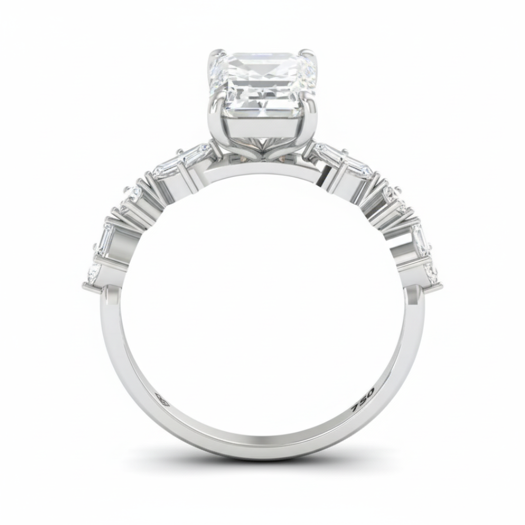 Elizabeth Emerald Cut Diamond Engagement Ring With A Marquise and Round Cut Diamond Band