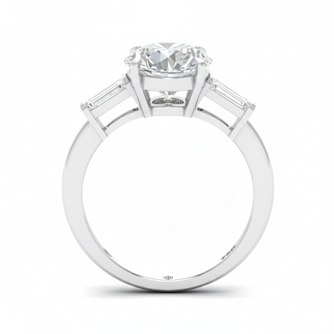 Mary Round Brilliant Cut Diamond Engagement Ring With Tapering Baguette Cut Side Diamond