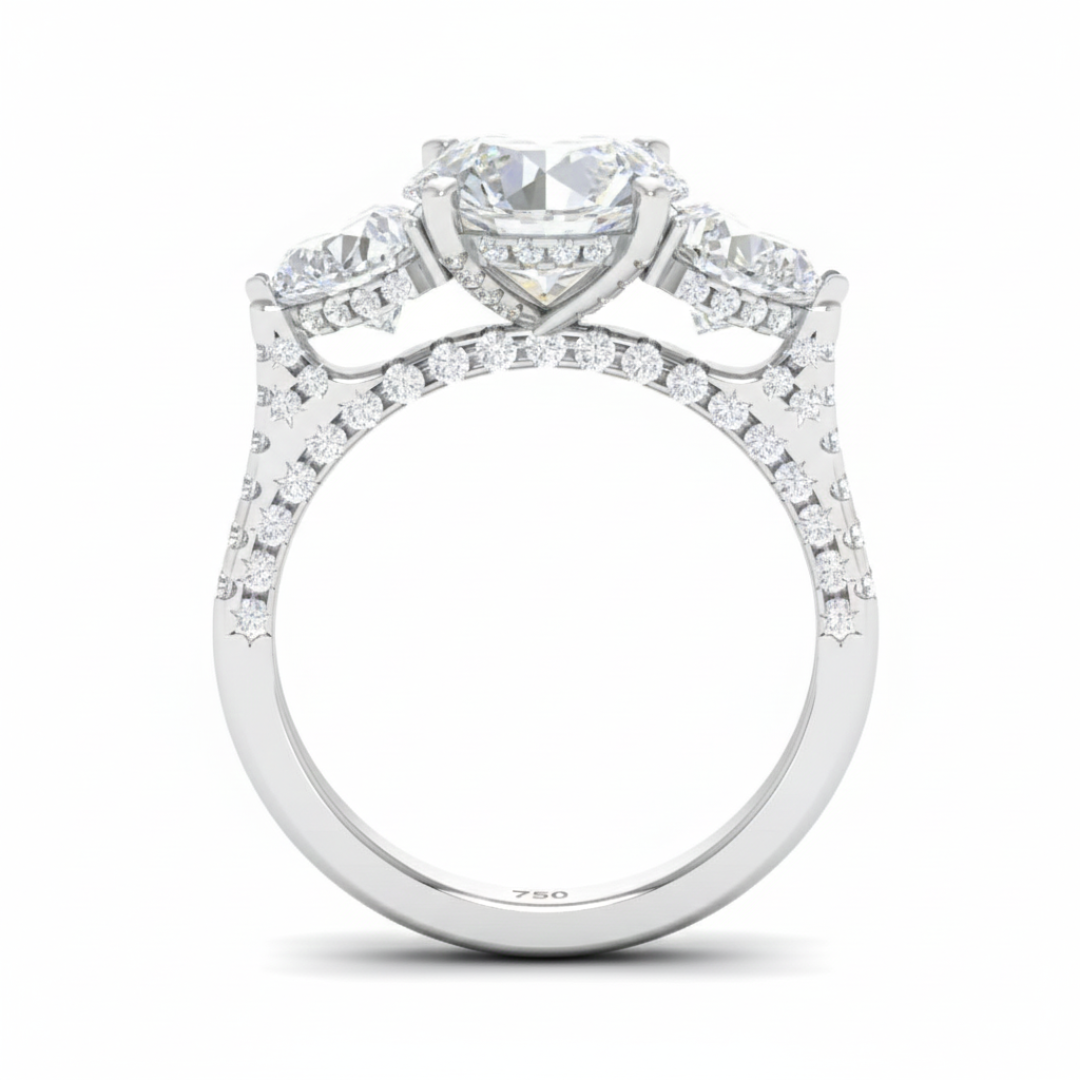 Victoria Round Brilliant Cut Diamond Engagement Ring with Heart Cut Side Diamonds and 3D Diamond Band