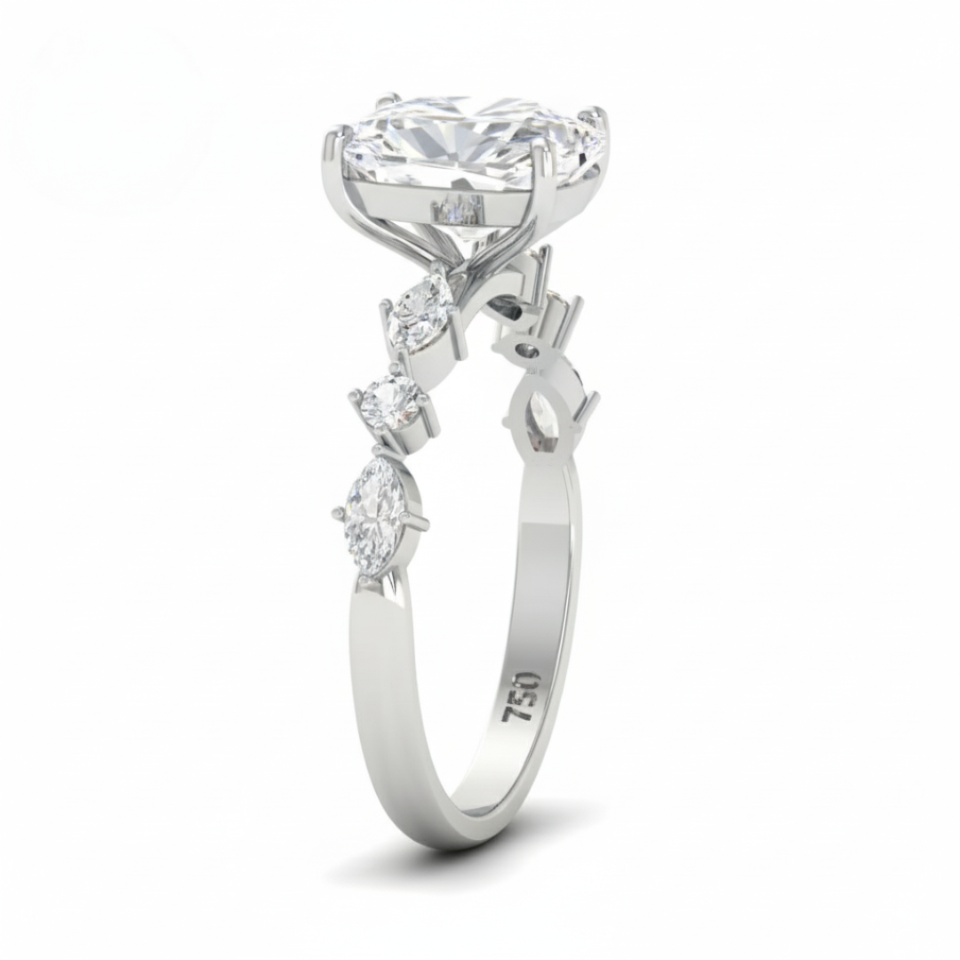Elizabeth Cushion Diamond Engagement Ring With A Marquise and Round Cut Diamond Band