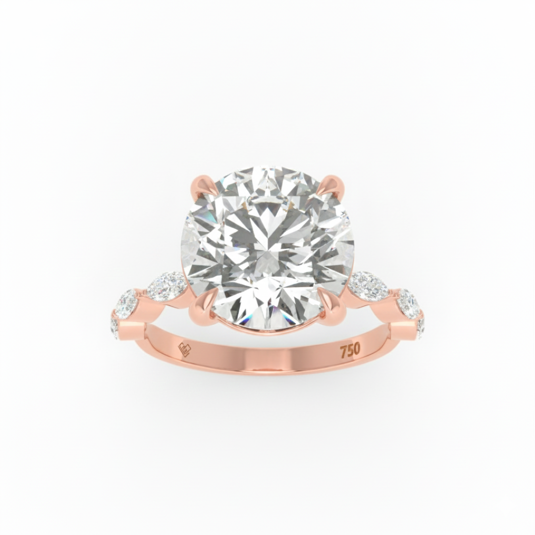 Kasandra Round Brilliant Cut Diamond Engagement Ring With A Marquise Cut Diamond Band