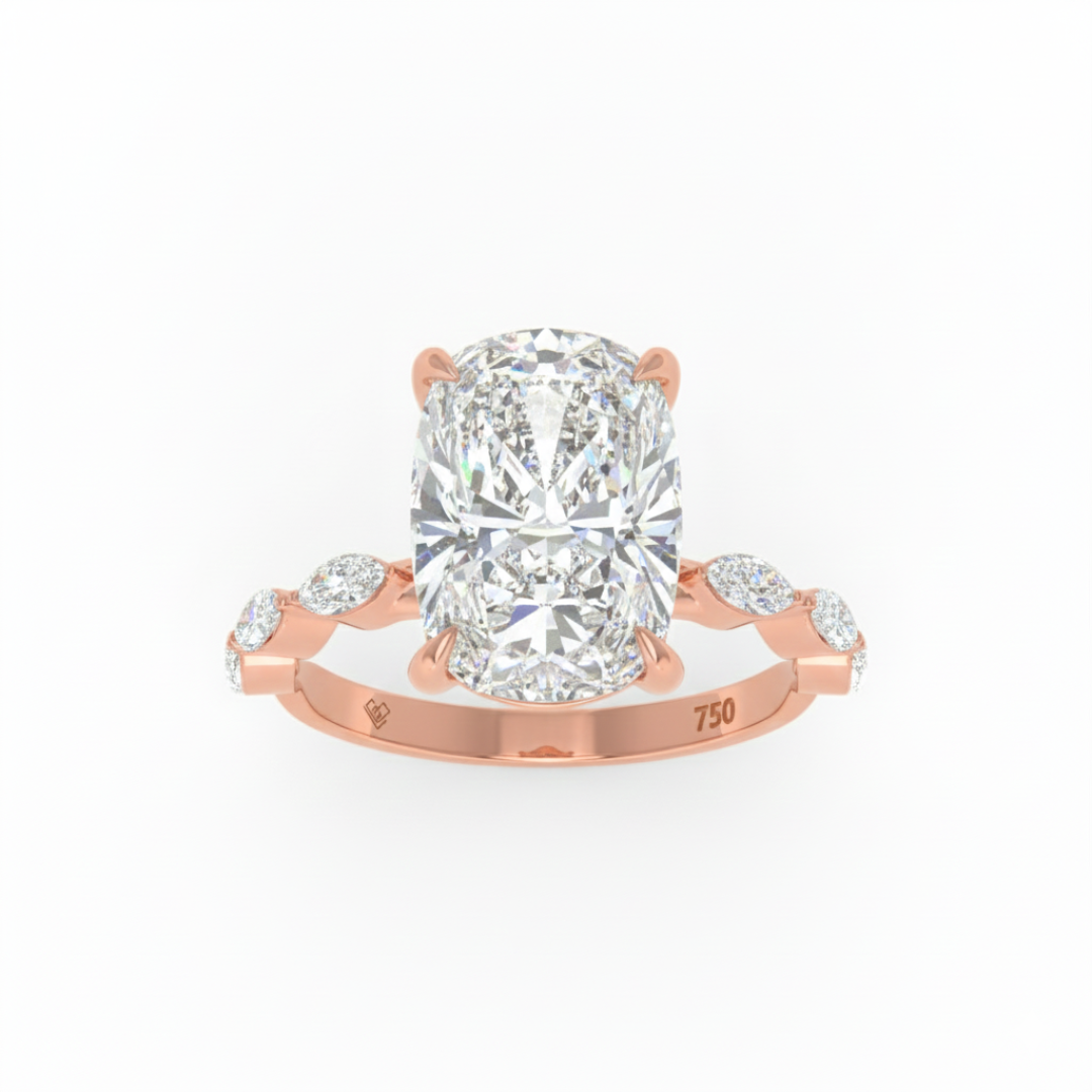 Kasandra Cushion Cut Diamond Engagement Ring With A Marquise Cut Diamond Band