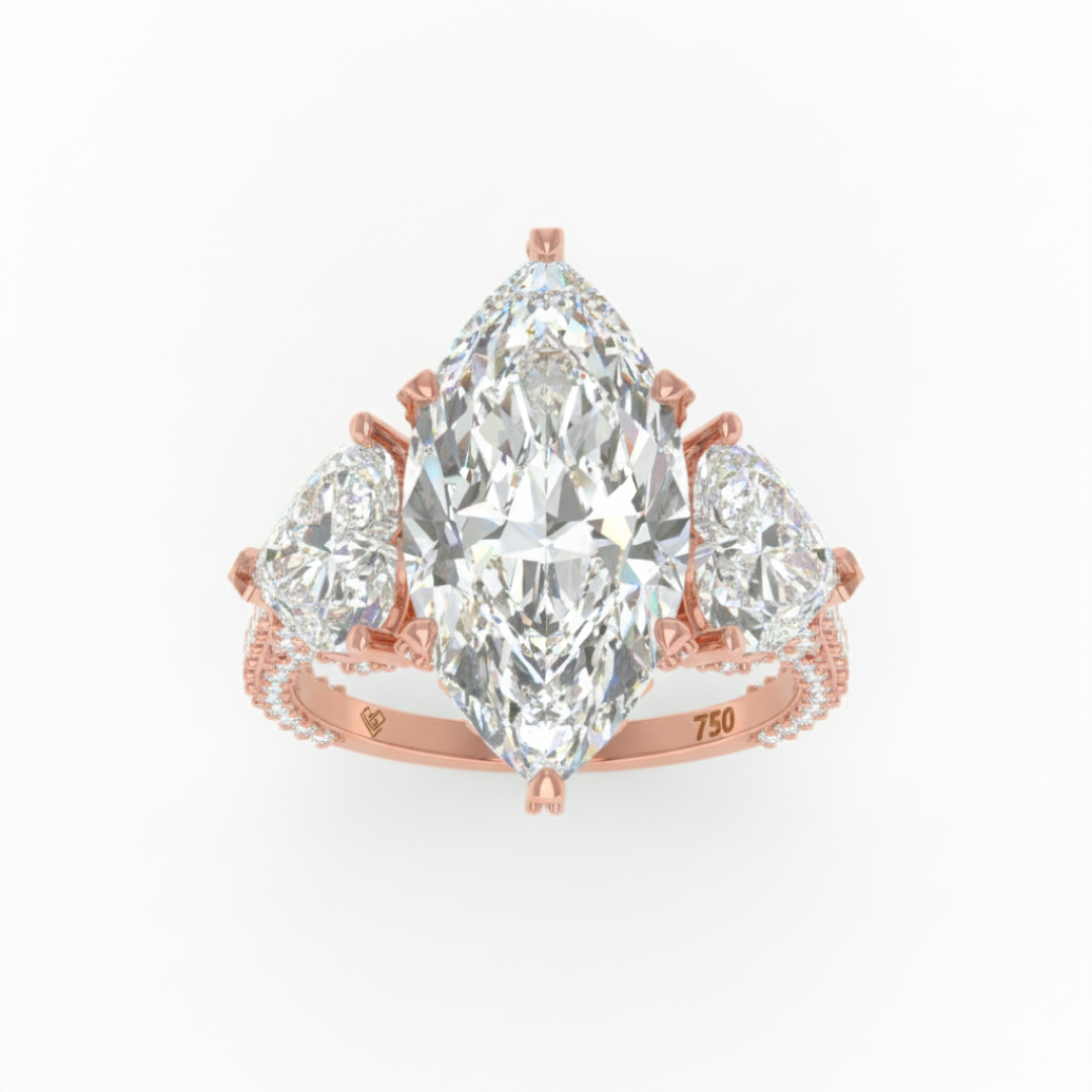 Victoria Marquise Cut Diamond Engagement Ring with Heart Cut Side Diamonds and 3D Diamond Band