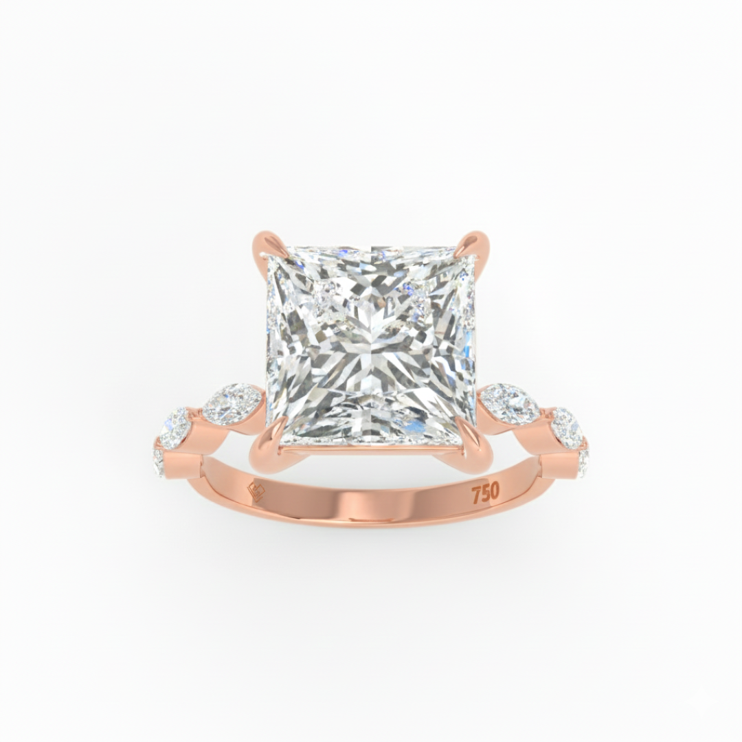 Kasandra Princess Cut Diamond Engagement Ring With A Marquise Cut and Diamond Band