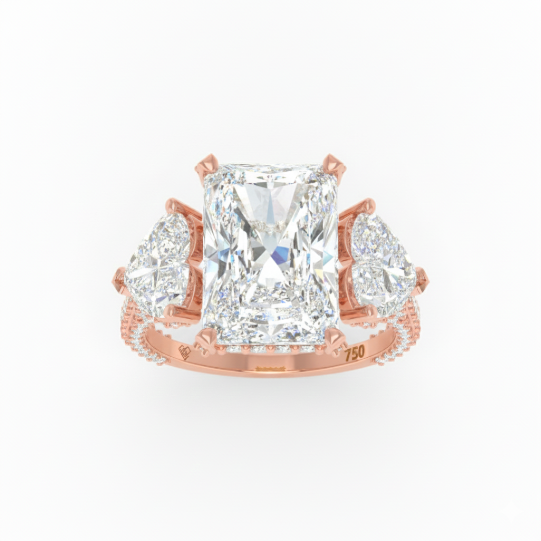 Victoria Radiant Cut Diamond Engagement Ring with Heart Cut Side Diamonds and 3D Diamond Band