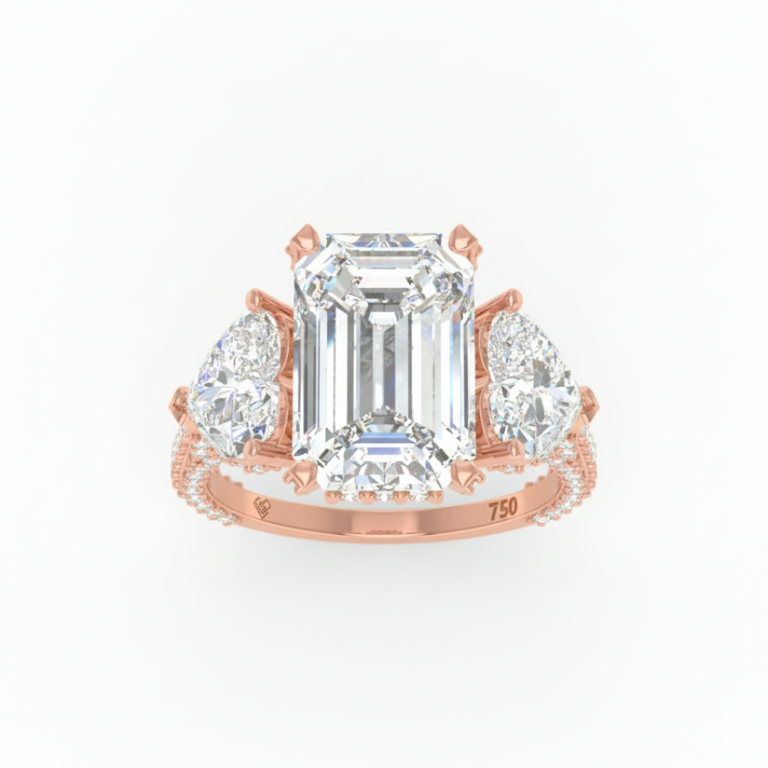Victoria Emerald Cut Diamond Engagement Ring with Heart Cut Side Diamonds and 3D Diamond Band