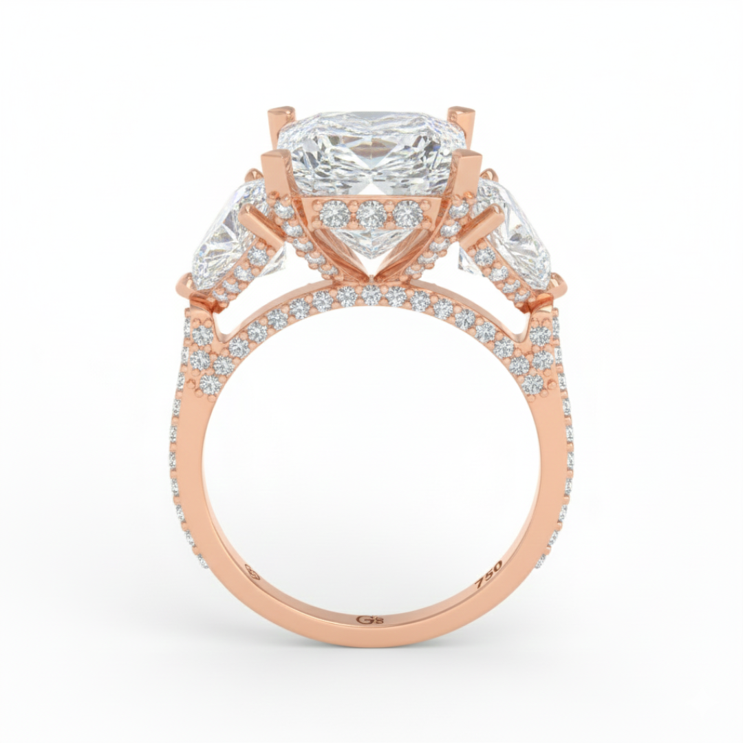 Victoria Princess Cut Diamond Engagement Ring with Heart Cut Side Diamonds and 3D Diamond Band