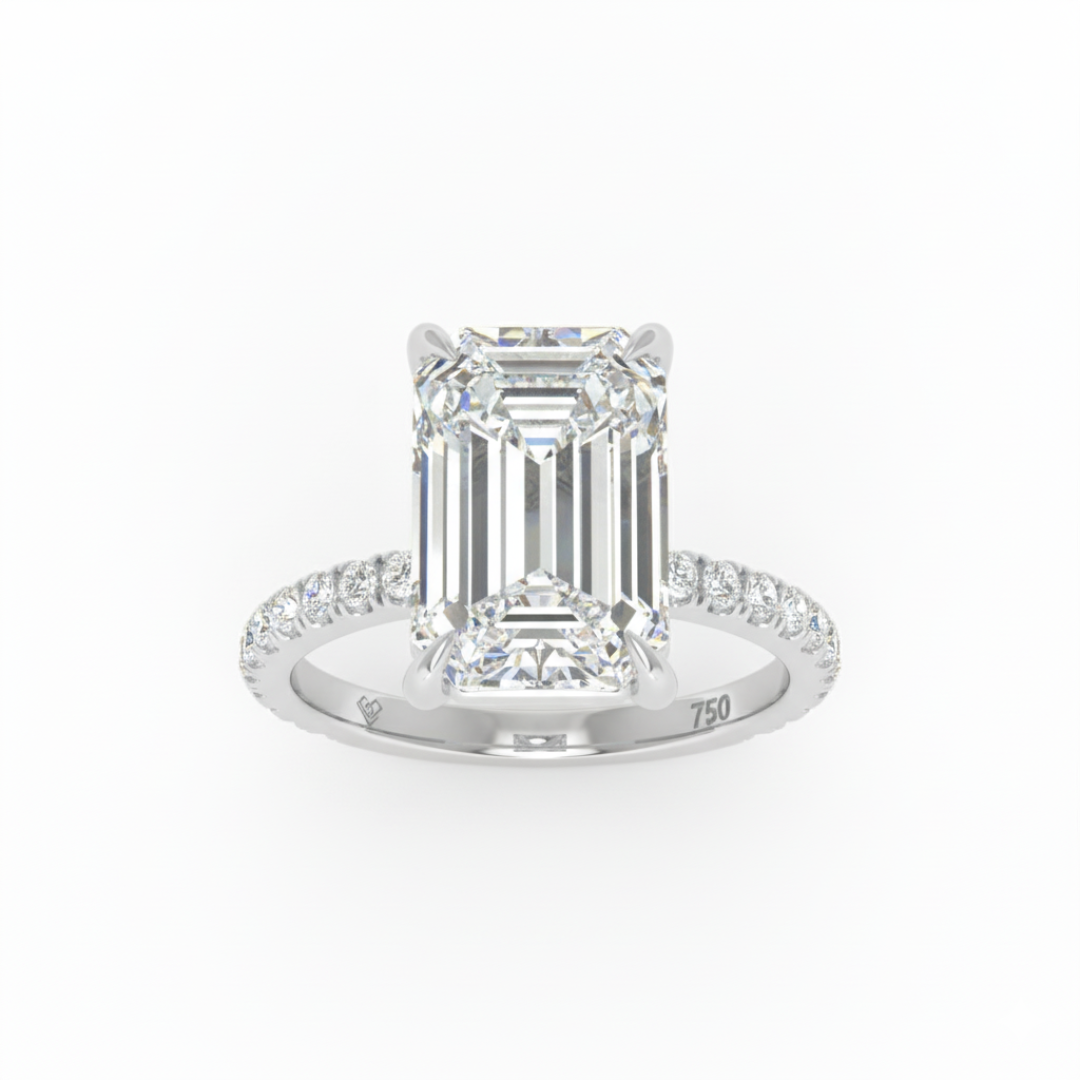 Chloé Emerald Cut Diamond Engagement Ring with Diamond Hidden Halo and Diamond Band