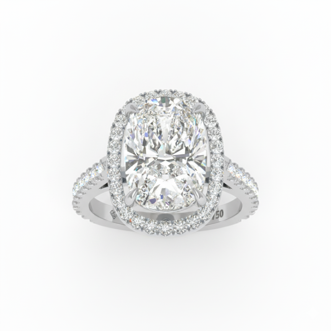 Bella Cushion Cut Diamond Engagement Ring with Diamond Halo & Diamond Band