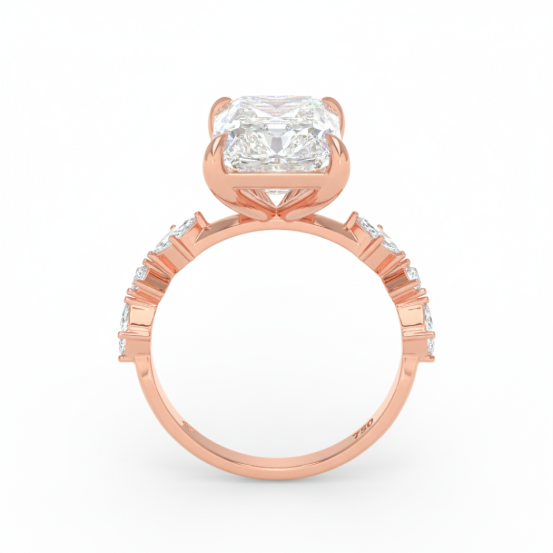 Elizabeth Radiant Cut Diamond Engagement Ring With A Marquise And Round Cut Diamond Band
