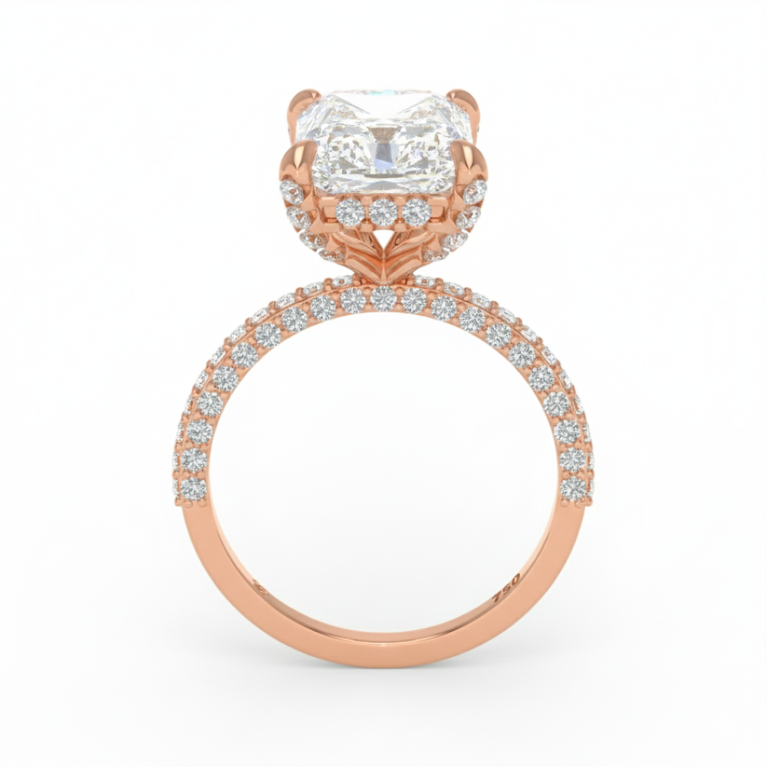 Bague de fiançailles Mia en diamant taille radiant avec halo de diamants cachés et anneau en diamant 3D