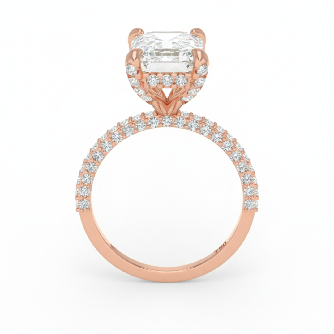 Mia Emerald Cut Diamond Engagement Ring with Diamond Hidden Halo and 3D Diamond Band