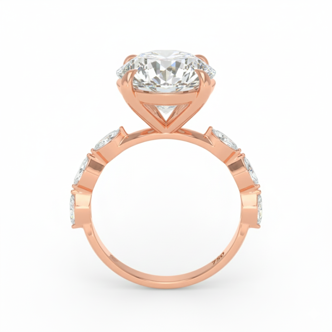 Kasandra Round Brilliant Cut Diamond Engagement Ring With A Marquise Cut Diamond Band