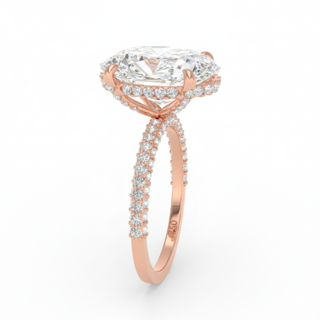 Mia Oval Cut Diamond Engagement Ring With Diamond Hidden Halo And 3D Diamond Band